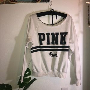 White and Black VS Pink Off the Shoulder Sweater